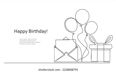 Envelope with balloons and gift.  Concept of birthday, valentine's day. Continuous one line drawing. 
