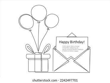 Envelope with balloons and gift.  Concept of birthday, valentine's day. Continuous one line drawing. 