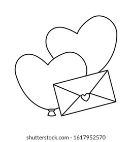 envelope with balloons helium in heart shape vector illustration design