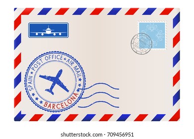 Envelope with Barcelona stamp. International mail postage with postmark and stamps. Vector illustration