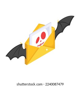 Envelope with bat wings and creepy face, concept of Halloween invitation isometric icon 