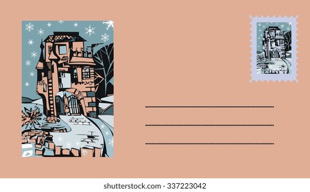 Envelope with beautiful castle and postage stamp. Vector illustration. 