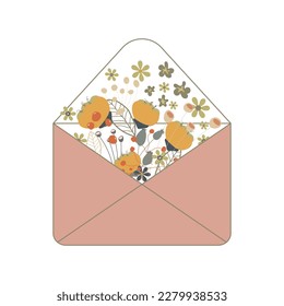 Envelope with beautiful delicate flowers. Cute spring illustration. Perfect for greeting card, party invitation, poster. Hand drawn. Vector illustration.