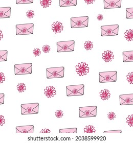 envelope with beautiful flower illustration on white background. pink color, cute and romantic. seamless pattern, hand drawn vector. doodle art for wallpaper, wrapping paper and gift, backdrop, fabric