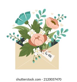 Envelope with beautiful flowers inside. Cute postcard in flat style.
