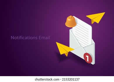 Envelope, bell and yellow paper plane icons on a purple background. Incoming email notification symbol. 3D isometric vector illustration.