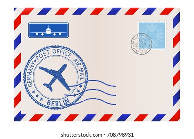 Umschlag mit BERLIN-Stempel. Internationale Briefpost mit Briefmarken und Briefmarken. Vektorillustration