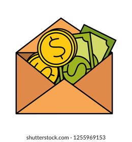 envelope with bill and coins dollars