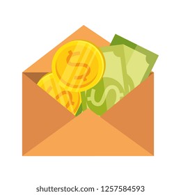 envelope with bill and coins dollars