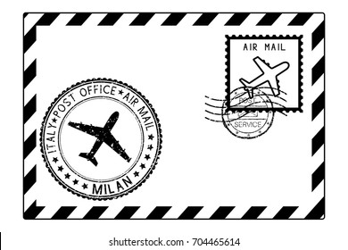 Envelope black icon with postmarks. Milan, Italy. Vector illustration isolated on white background