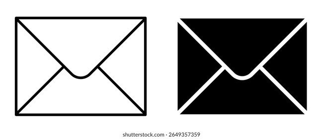 envelope, black and white vector illustration of letter and e-mail icon symbol, isolated on white background, set