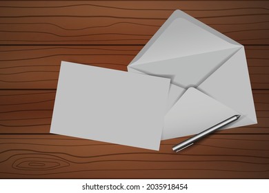 Envelope with blank note and pen on wooden table. vector illustration