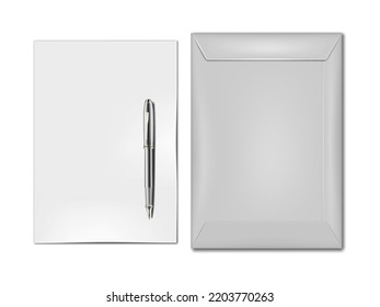 Envelope, blank white paper sheet and ballpoint pen vector mockup. Office stationery set mock-up