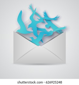 Envelope with blue flying seagulls. Isolated vector illustration.