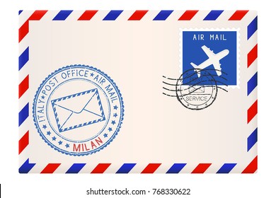 Envelope with blue postmark of Milan, Italy. Vector illustration isolated on white background