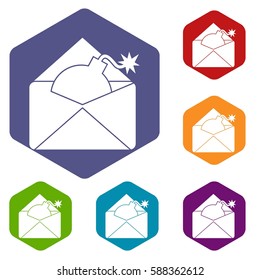 Envelope with bomb icons set rhombus in different colors isolated on white background