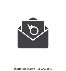 Envelope with bomb mail vector icon. filled flat sign for mobile concept and web design. Virus email glyph icon. Symbol, logo illustration. Vector graphics