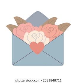 An envelope with a bouquet of roses. Visualize greetings with love for mother and Valentine's Day. Mail, letter or stationery theme. Template for scrapbooking, romantic design, posters, greeting cards