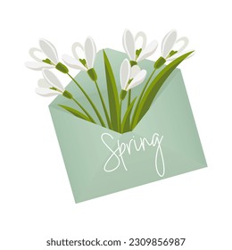 Envelope with a bouquet of snowdrops with the text Hello spring. Congratulation banner, postcard, poster, vector