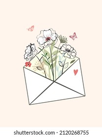 Sobre con un ramo de primavera, flores de verano, ramas y hojas. Ilustración del contorno floral en tonos suaves y pastel. La carta es un símbolo de romance, amor, saludos de cumpleaños.