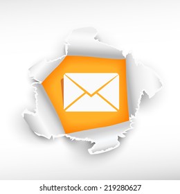 Envelope and breakthrough paper hole with ragged edges with a space for your message.