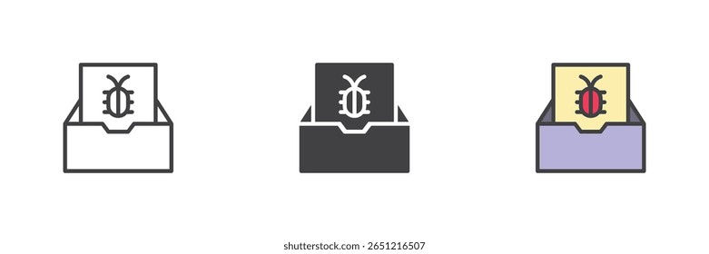Envelope with bug malware icon in line, solid and colorful filled outline style. Email virus or threat symbol. Cyber attack vector icon pack.