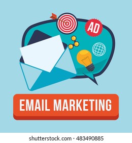 envelope bulb share and target icon. Email marketing message communication and media theme. Colorful design. Vector illustration