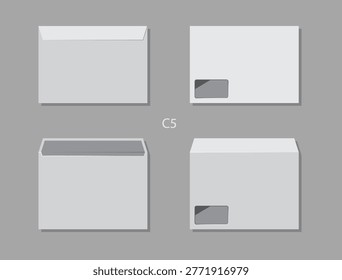 Envelope in C5 format, open and close, front and back view. Vector letter for presenting corporate identity, greeting cards or premium invitations. Office messages or documents sending template