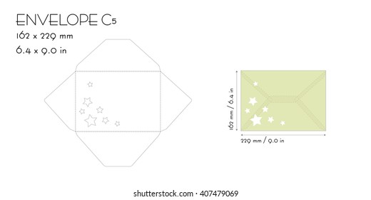 Envelope c5 template vector die cut Wedding invitation for cutting machine of laser mockup with stars Save the date 