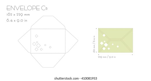 Envelope c5 template vector die cut. Wedding invitation envelope forlaser cutting machine mockup with squares