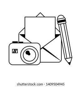 envelope and camera with pencil icon cartoon vector illustration graphic design black and white