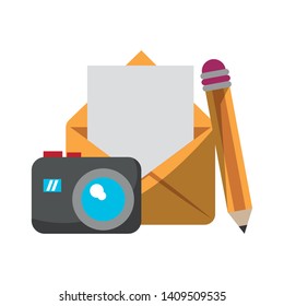 envelope and camera with pencil icon cartoon vector illustration graphic design