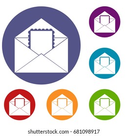 Envelope with card icons set in flat circle red, blue and green color for web