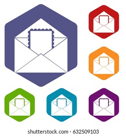 Envelope with card icons set hexagon isolated vector illustration