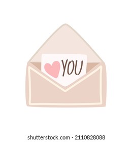 An envelope with card, love message with rose heart. Vector element, concept of love letter. Valentine's day postcard. 