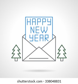 Envelope and card with typewriting blue text Happy New Year, decor with two Christmas trees. Flat color line style vector icon. Buttons and design elements for website, mobile app, business. 