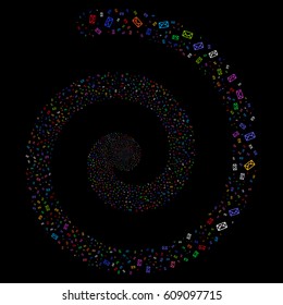 Envelope carnival whirl spiral. Vector bright multicolored random objects.