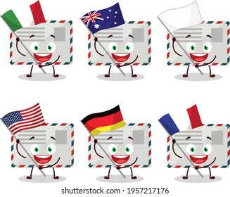 Envelope cartoon character bring the flags of various countries