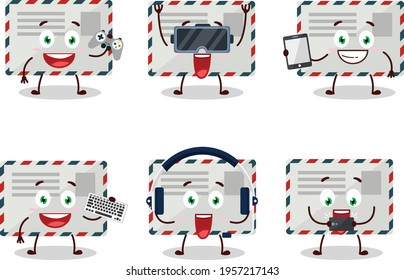 Envelope cartoon character are playing games with various cute emoticons