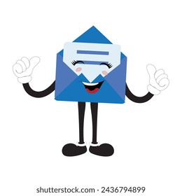 Envelope cartoon mascot character, Cartoon cupid points with a gesture of hand, retro comic message sticker, cute stylish design flat vector illustration. Eps 10