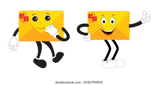 Envelope cartoon mascot character, Cartoon cupid points with a gesture of hand, retro comic message sticker, cute stylish design flat vector illustration. Eps 10