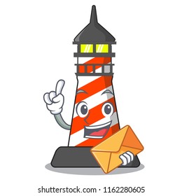 With envelope cartoon realistic red lighthouse building