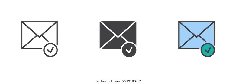 Envelope and check mark different style icon set. Line, glyph and filled outline colorful version, outline and filled vector sign. Check message symbol, logo illustration. Vector graphics