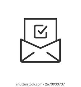 Envelope with checkmark, linear icon. Mail voting, election notification, or confirmed delivery. Line with editable stroke