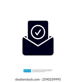 an envelope with a checkmark symbol on a document inside, representing the concept of confirmed communication or successful delivery. Illustration icon