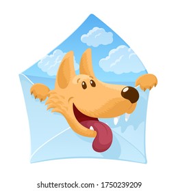 Envelope with a cheerful dog inside. Cute cartoon character. Sky with clouds background. Strong friendship concept. Veterinary concept. Colourful vector illustration isolated on white background