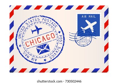 Envelope with Chicago USA postmark. Vector illustration isolated on white background