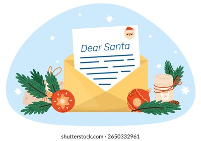 Envelope with Christmas letter. Dear Santa mail. Asking for gifts. Xmas tree decorations or fir branches. Correspondence express delivery. Postal message. Greeting card