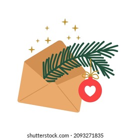 Envelope with Christmas tree branch and toy. Sketch vector  illustration. 