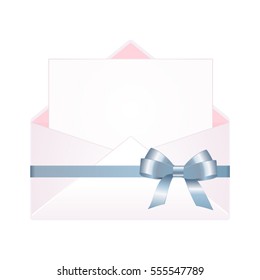 Envelope with Clean Card and Blue Bow Ribbon. Letter Isolated on White Background. Vector image.